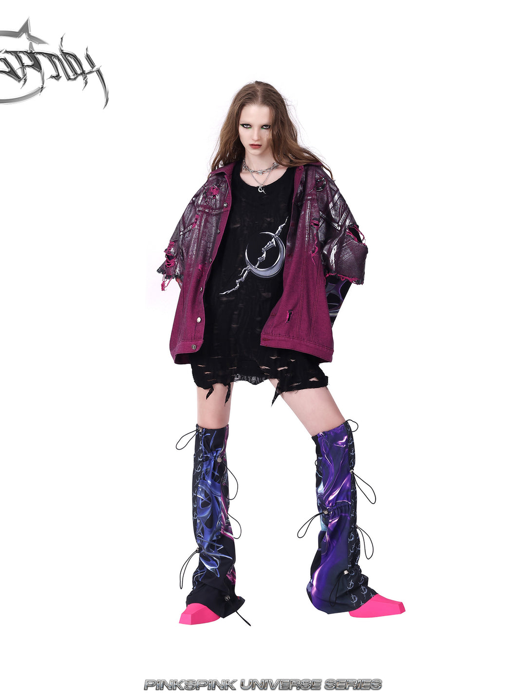 PINKSPINK silver-coated distressed denim jacket in WASTELAND PINK — front angled view with one knee bent.