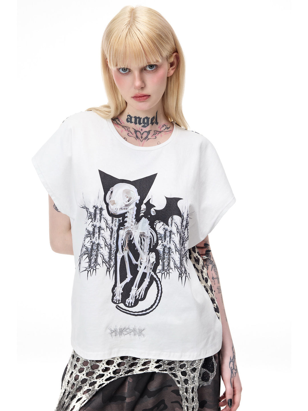PINKSPINK DEVILCAT leopard-back graphic tee in white — close front graphic view repeated in the hero collage