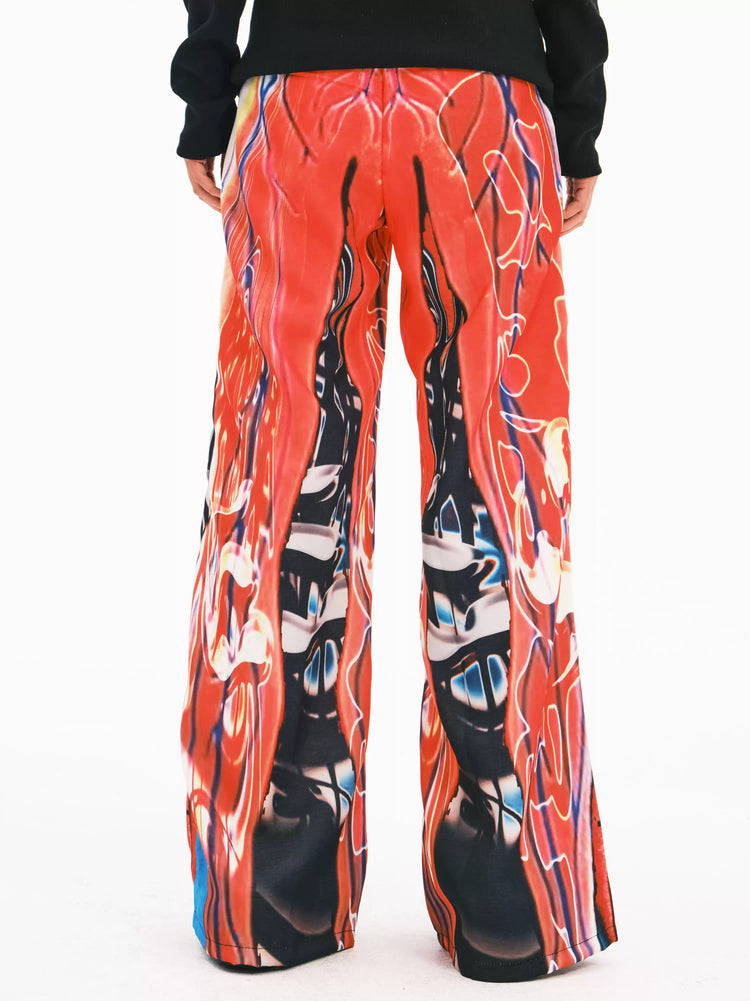 EMBRYO NEURAL FIRE printed flare pants — rear or construction presentation