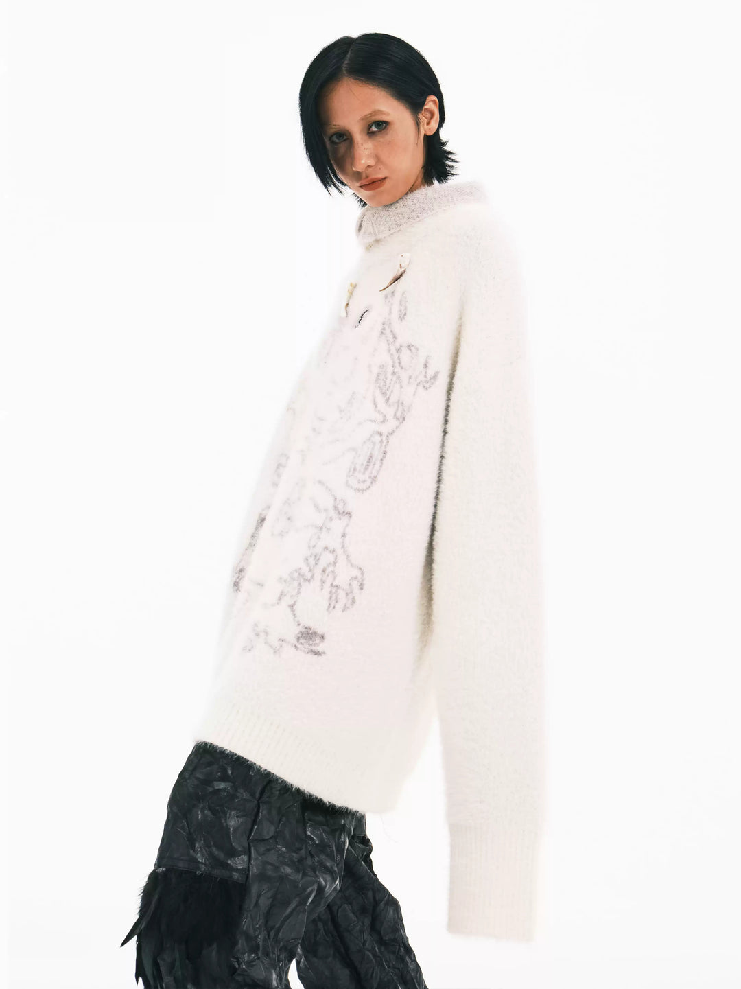 EMBRYO ANCIENT CODE printed faux-mink sweater — front modeled view