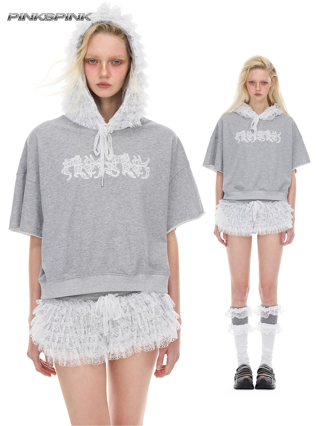 PINKSPINK PUNK BALLET lace-back hooded tee — cleaned hero collage showing the complete design