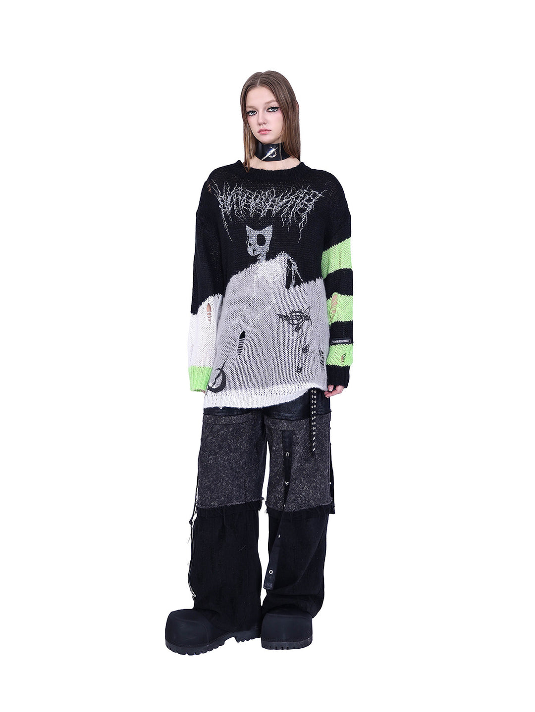 PINKSPINK SPHYNX distressed striped graphic sweater — black-green graphic sweater — full-length front view with arms relaxed