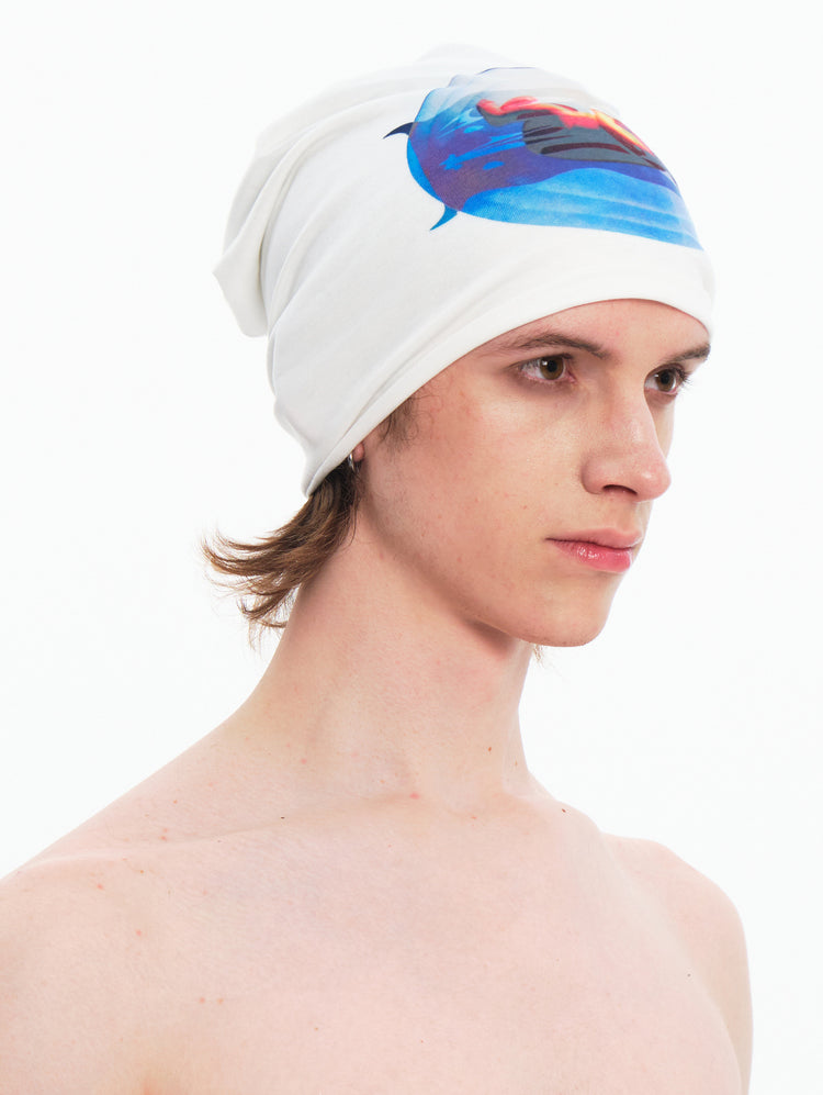 EMBRYO PLAN white graphic slouch beanie — product-only rear view