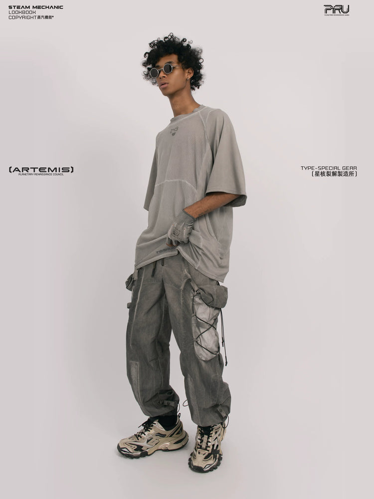 STARFIELD WELDER lunar sea gray distressed mesh tee — rear modeled view