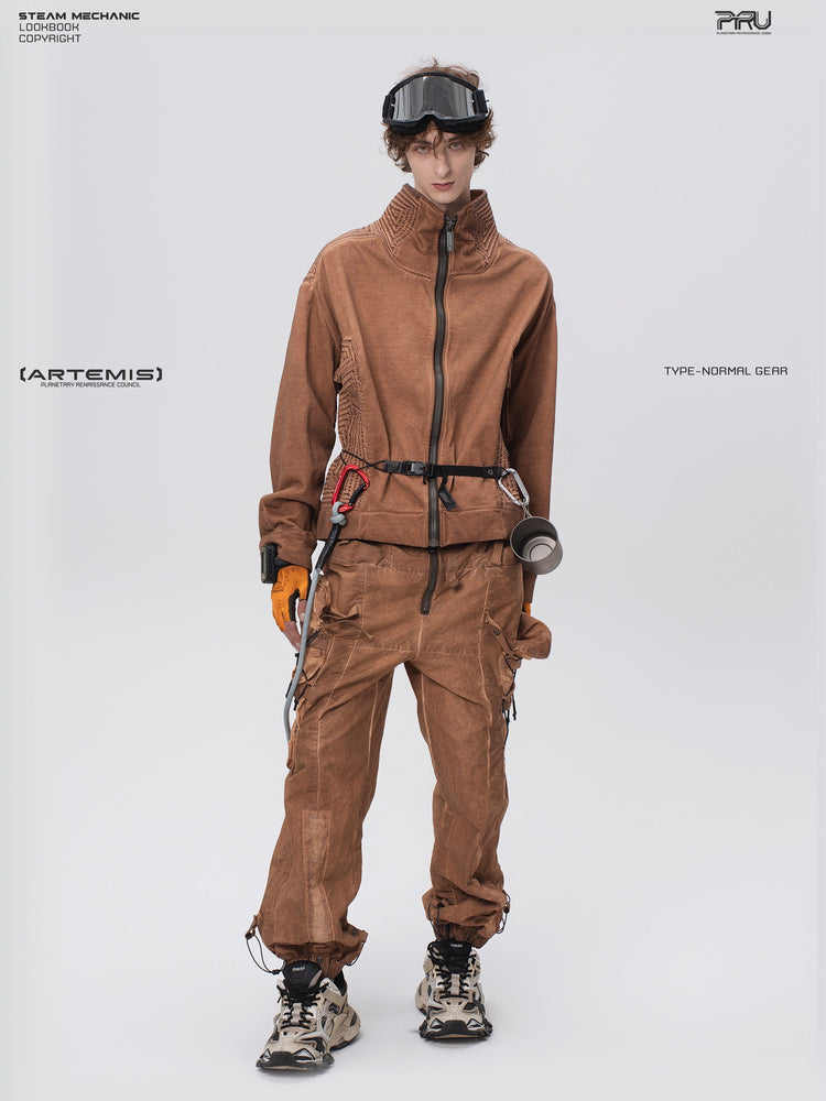 PIONEER venus orange distressed protection zip jacket — material and silhouette detail