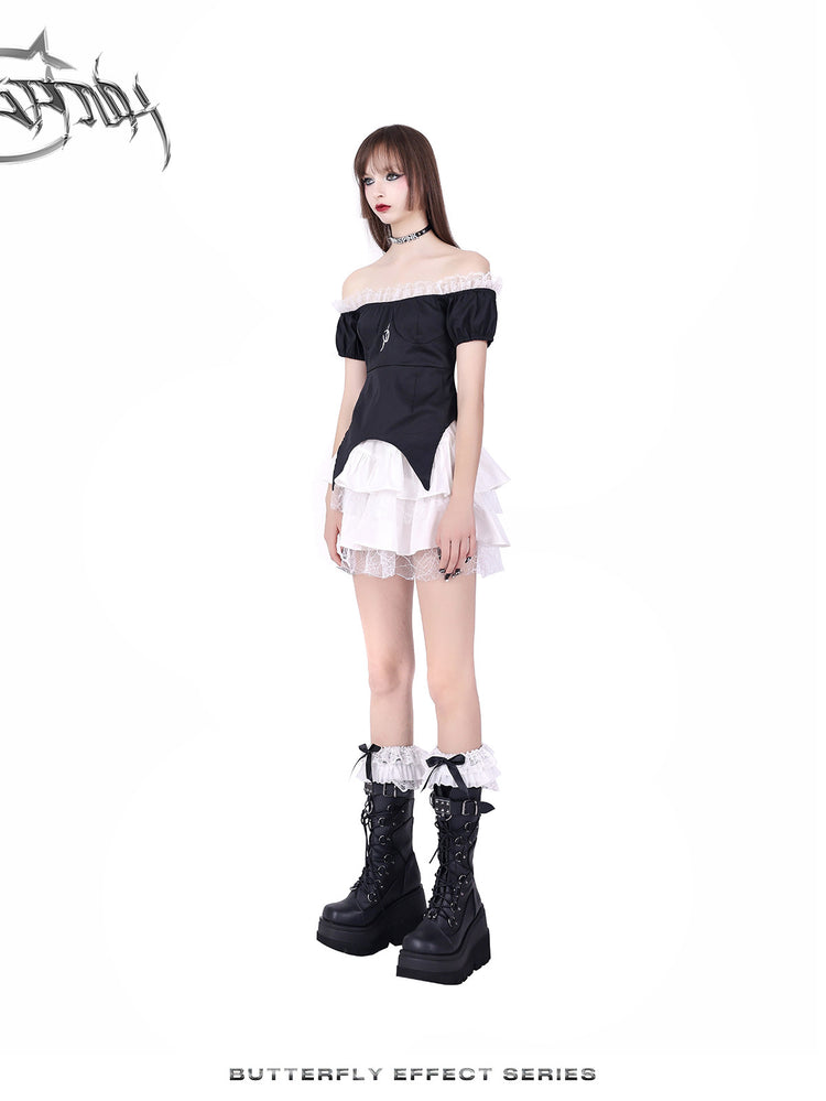 PINKSPINK BUTTERFLY EFFECT off-shoulder two-piece mini dress in black white — full-length modeled view of the off-shoulder top and mini skirt