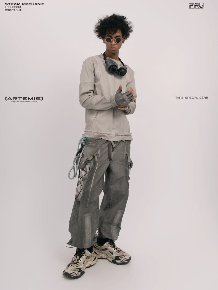 CHAOS ERA eris white raw-edge long-sleeve top — full-length three-quarter front modeled view with hands clasped