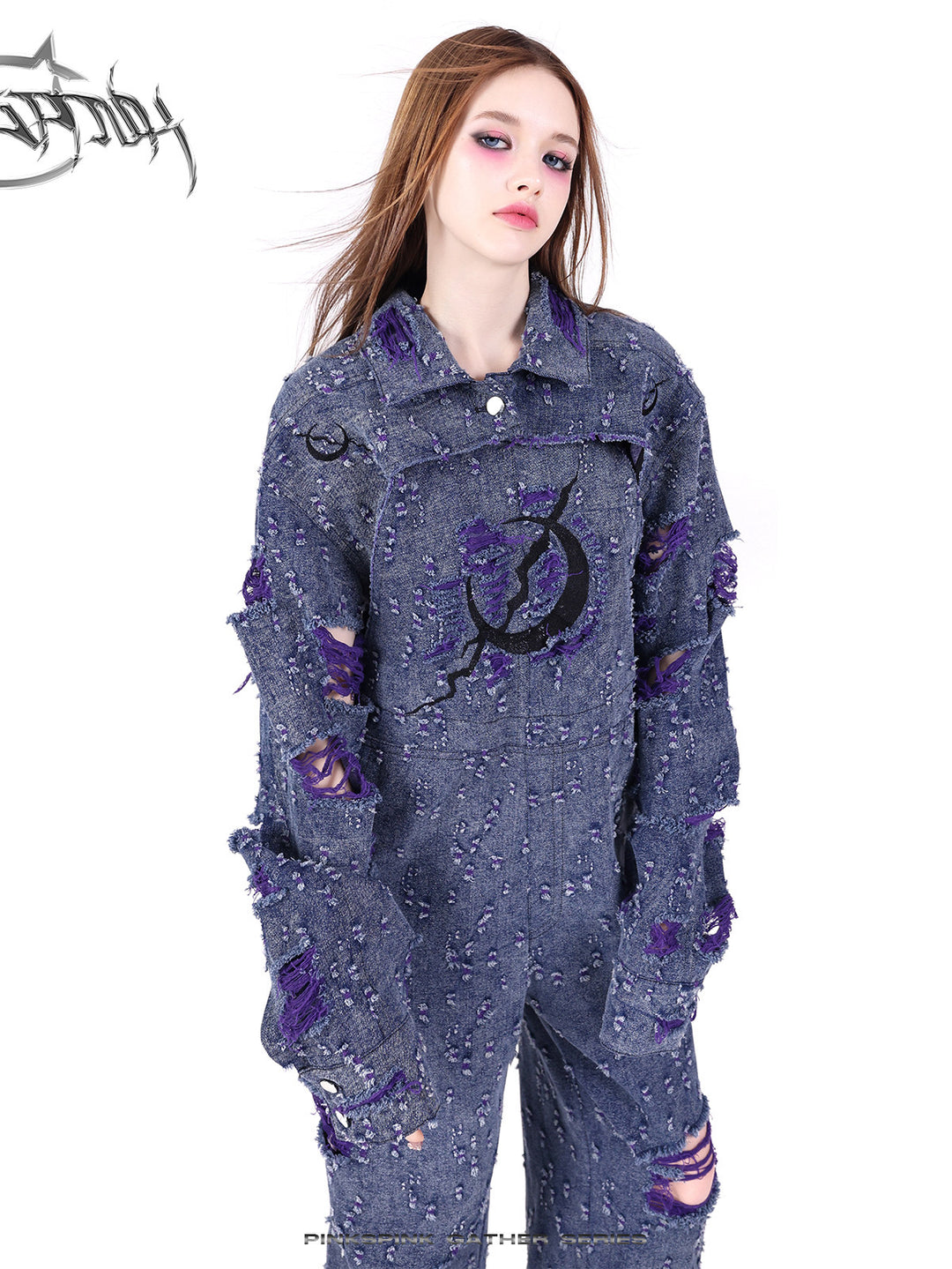 PINKSPINK BROKEN VIOLET distressed denim cropped jacket — catalog view showing the design and silhouette