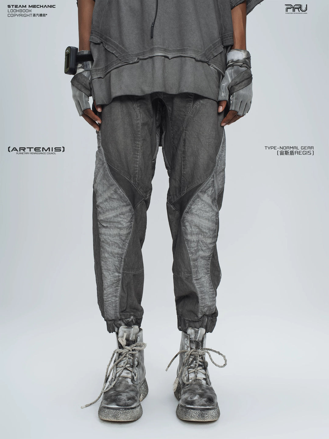 AEGIS moon dust gray cropped moto riding pants — front modeled product view
