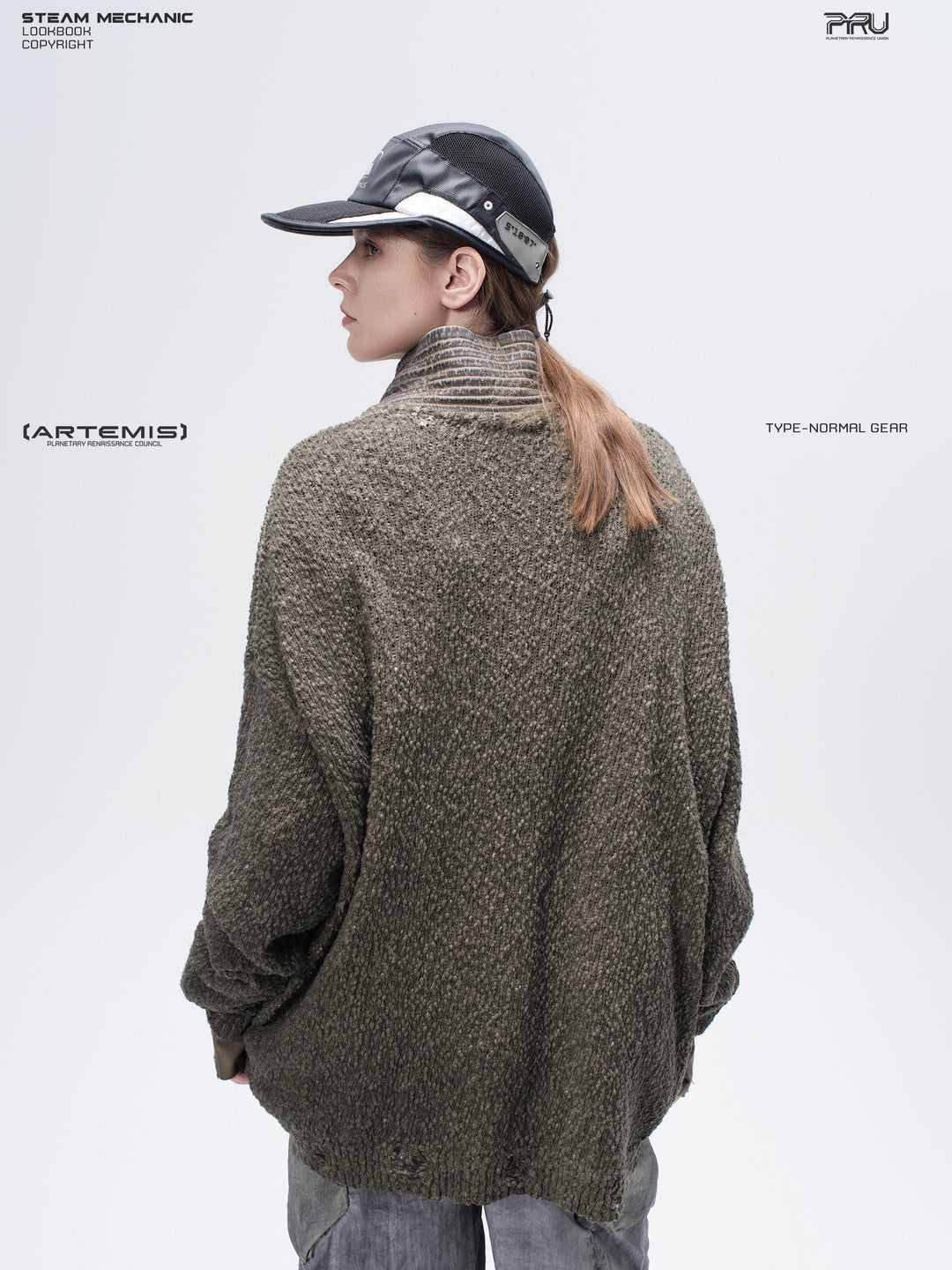 PIONEER tundra green moon-protection distressed sweater — rear modeled view