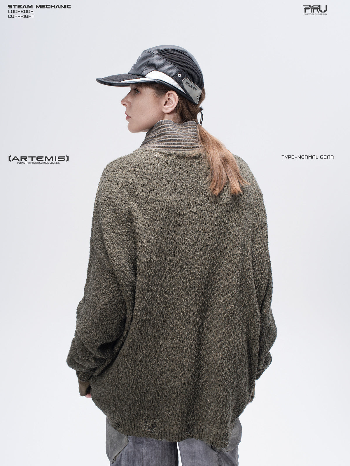 PIONEER tundra green moon-protection distressed sweater — rear modeled view