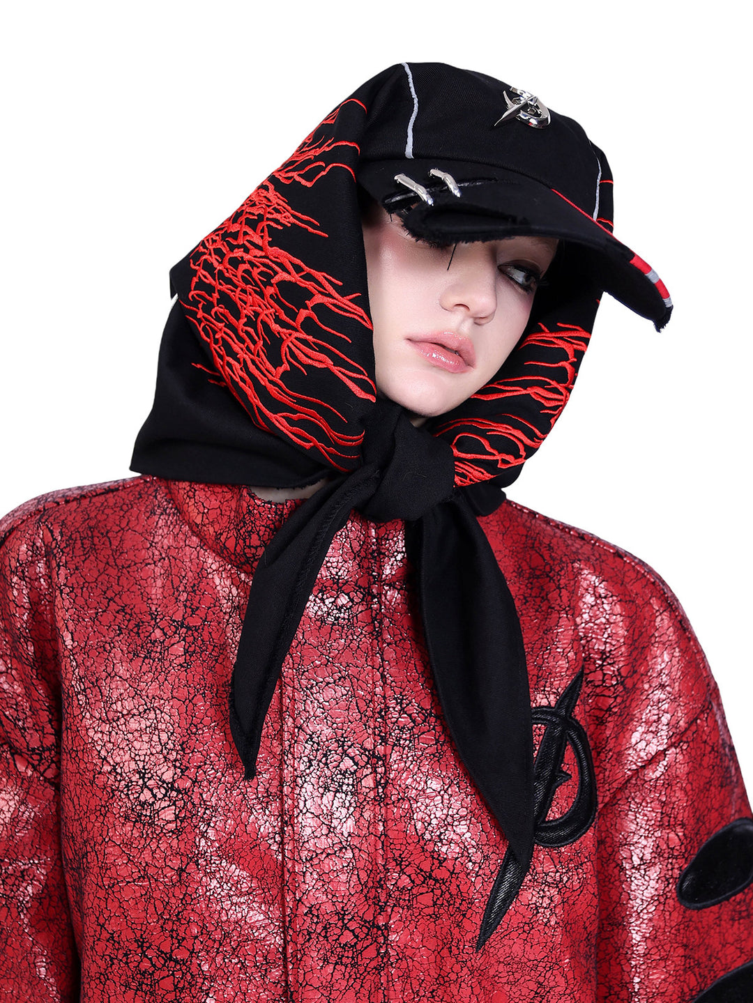 PINKSPINK ELECTRIC MOON embroidered bandana baseball cap — full-length modeled styling view