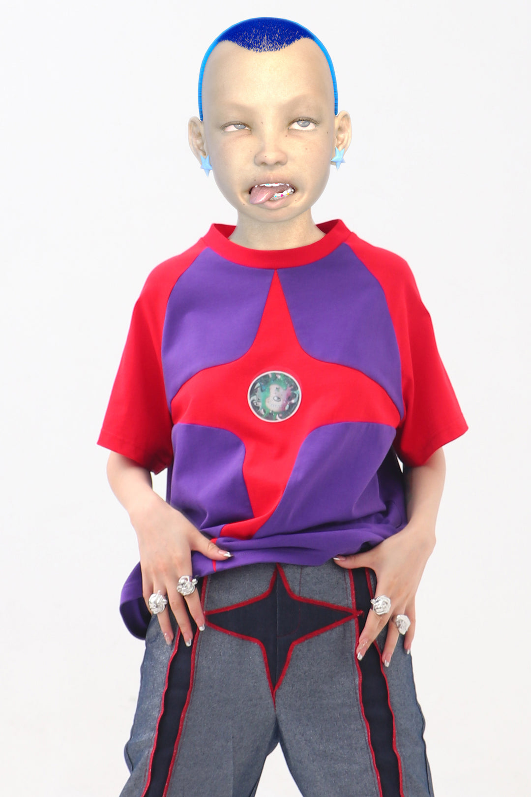 EMBRYO STARSHIFT patchwork flare jeans — full-length modeled view