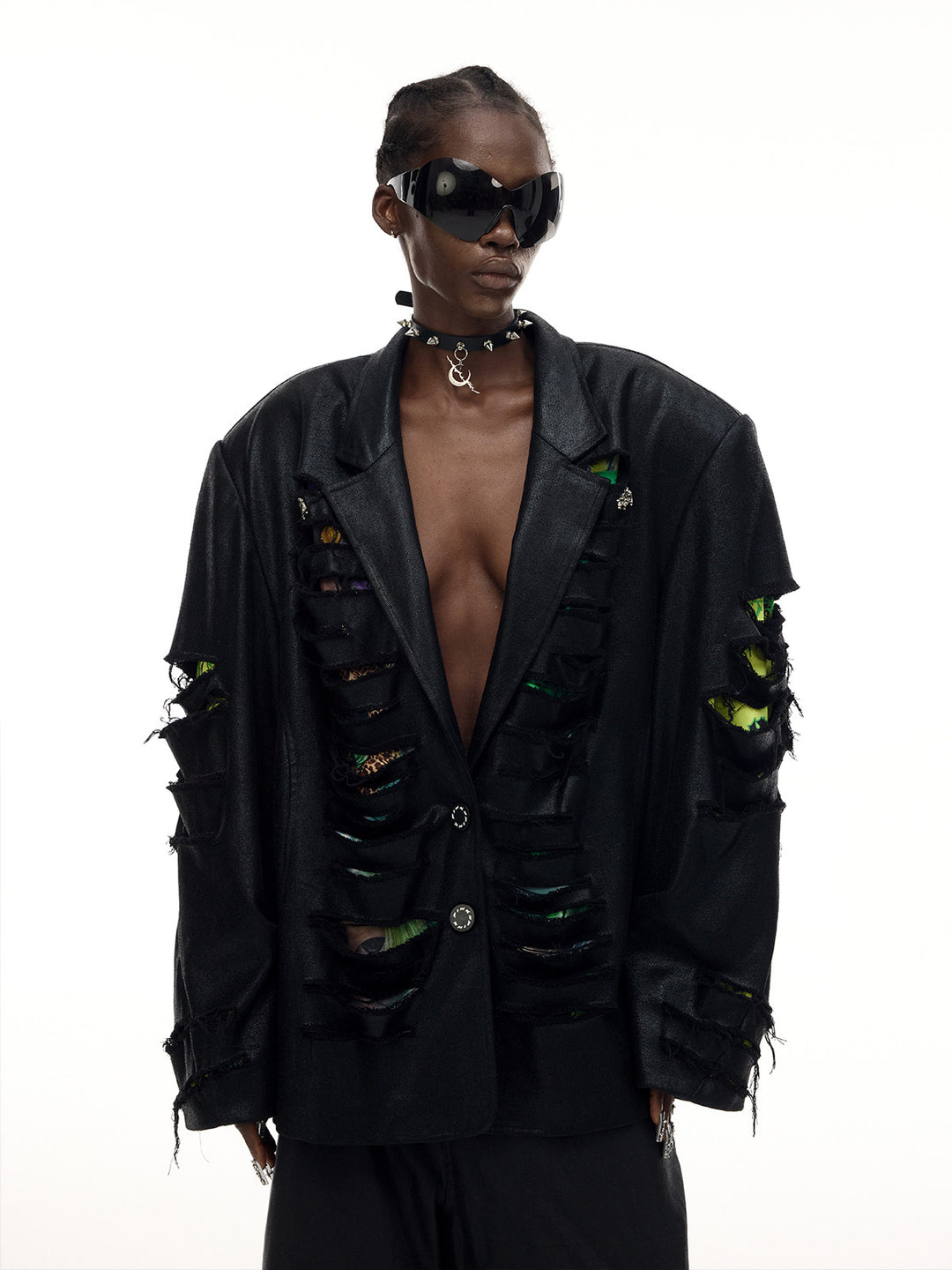 PINKSPINK BREACH distressed coated oversized blazer in black — close front modeled view used in the hero collage