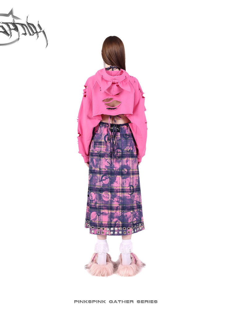 PINKSPINK WASTELAND eyelet plaid halter dress in pink purple — rear outfit view with the separate hood lowered