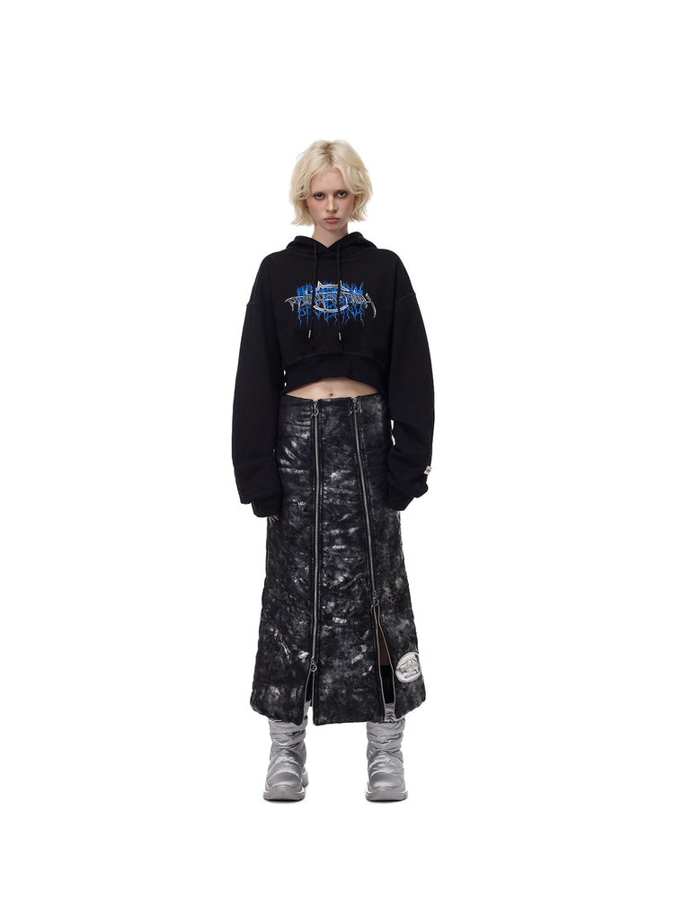 PINKSPINK THORN SIGNAL open-back cropped hoodie — black front full-length stance with metallic skirt