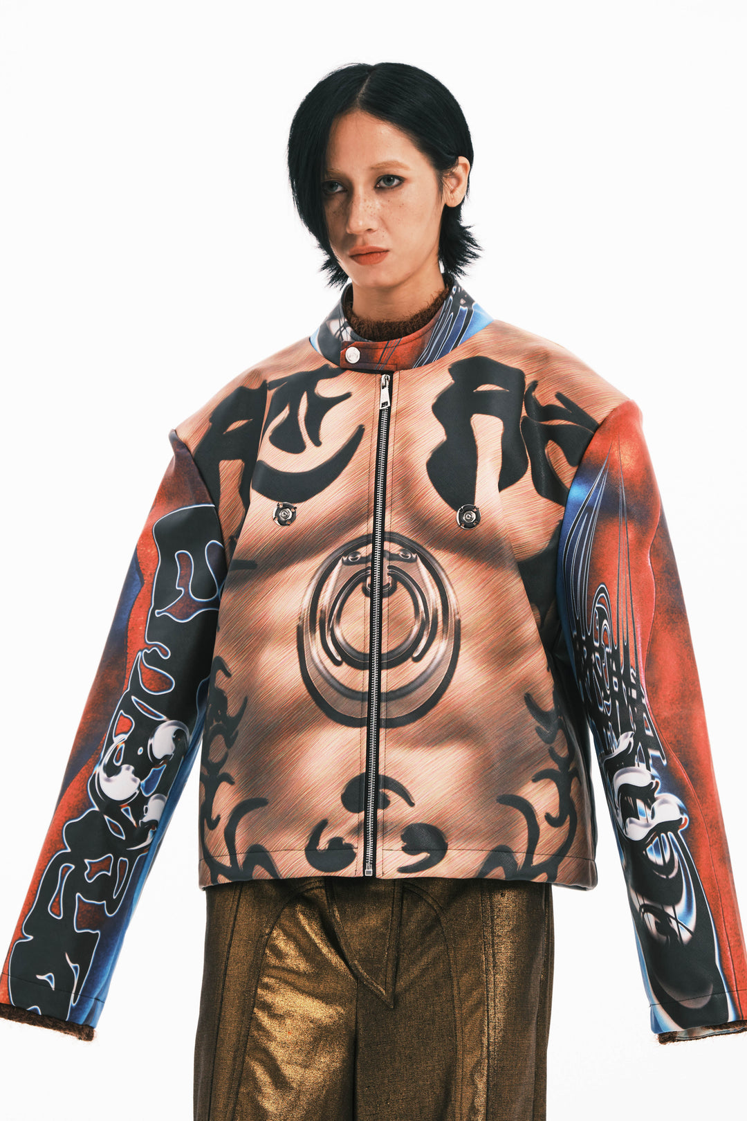 EMBRYO POWER TOTEM muscle-print PU leather jacket — alternate modeled angle