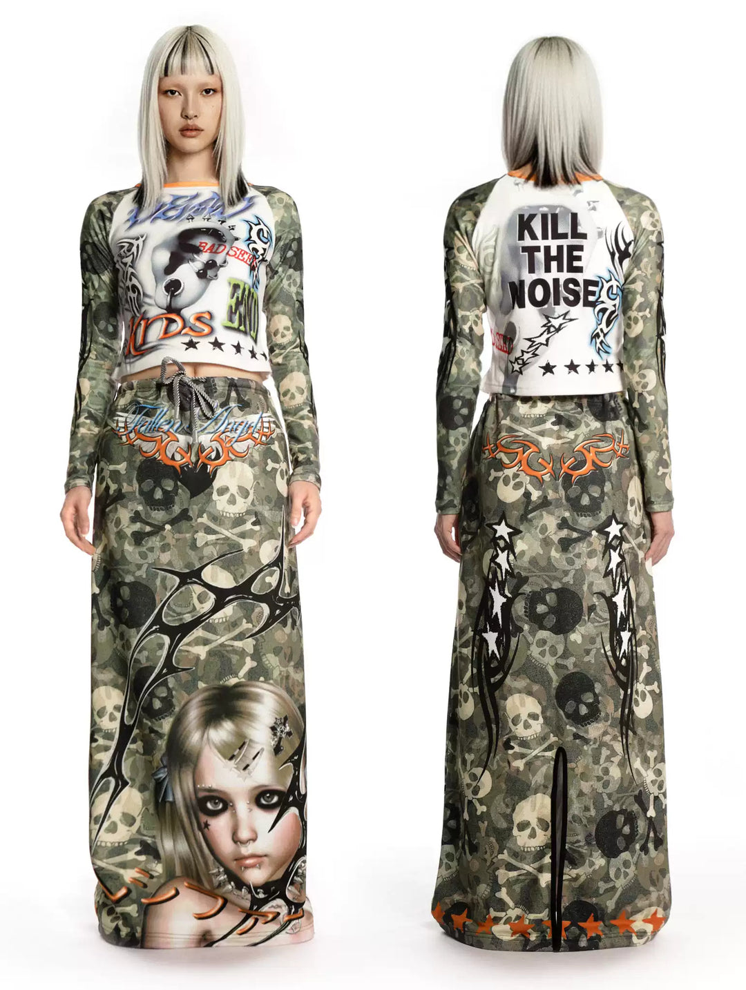 DEADENDKIDS CAMO RIOT graphic maxi skirt — side or detail presentation