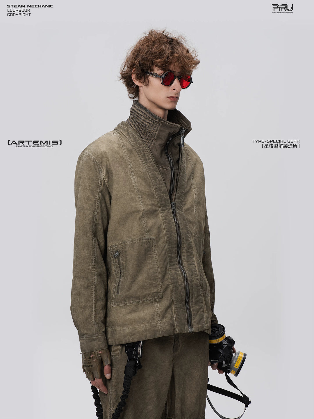 GAIA gravel brown open-collar technical robe — full-length styled view