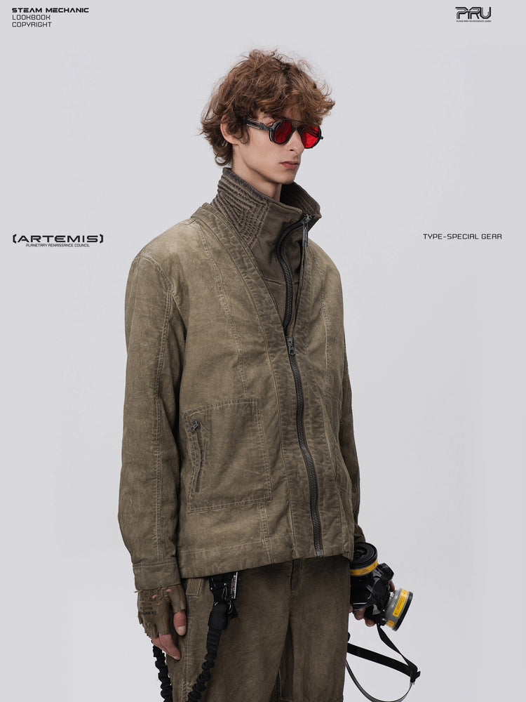 GAIA gravel brown open-collar technical robe — opposite three-quarter front modeled view facing right