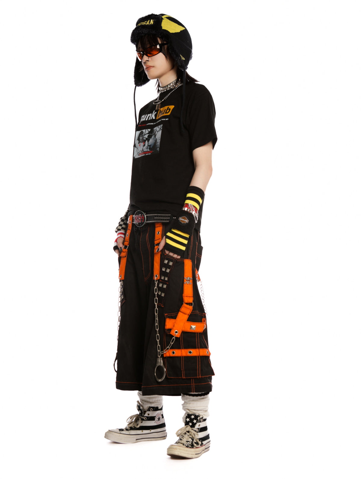DeadEndKids PunkHub black graphic T-shirt — full-length side view