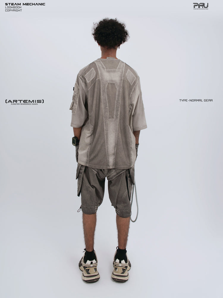 STARCORE xirang brown velcro mesh tee — full-length rear modeled view showing the long central panel and shoulder patches