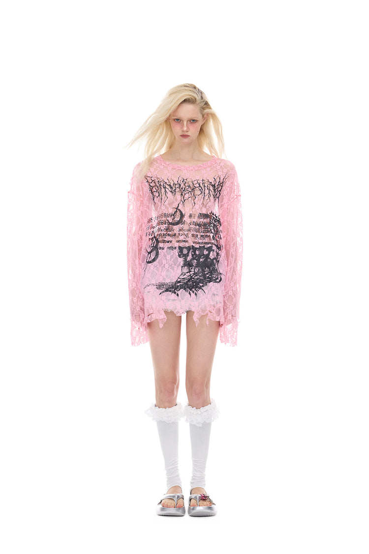 PINKSPINK ELECTRIC MOON thorn-cat distressed lace layering tee — modeled detail view of the garment construction