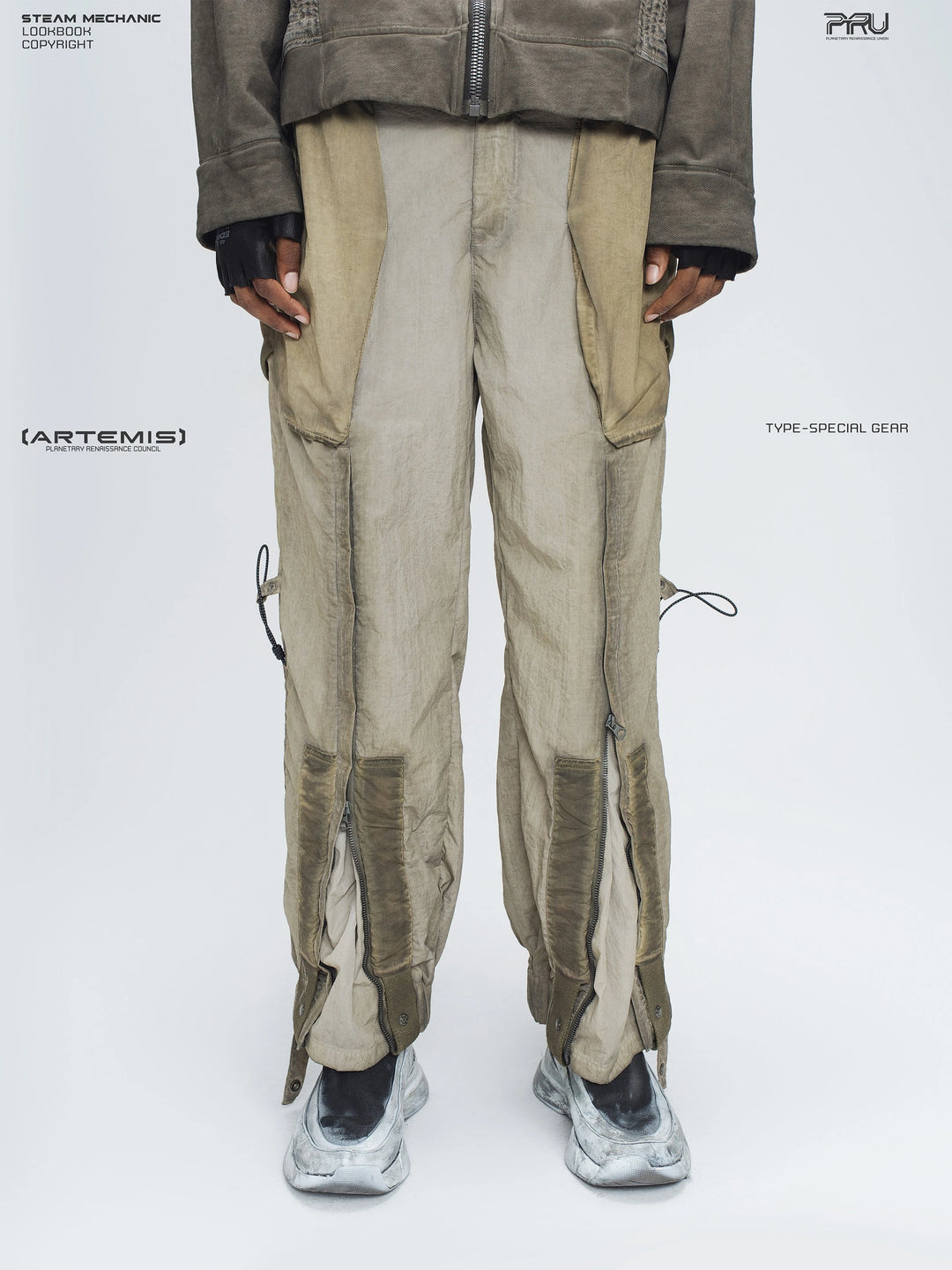 STARCORE mercury brown engineer utility pants — front modeled product view