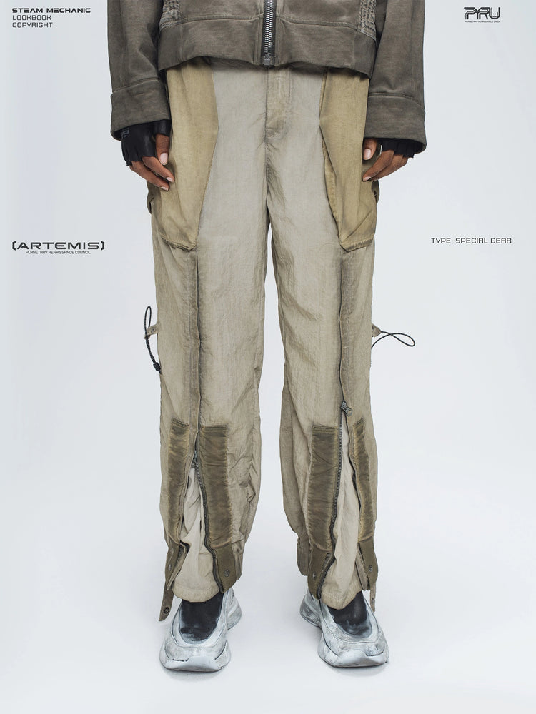 STARCORE mercury brown engineer utility pants — front lower-body modeled view showing the contrast utility panels