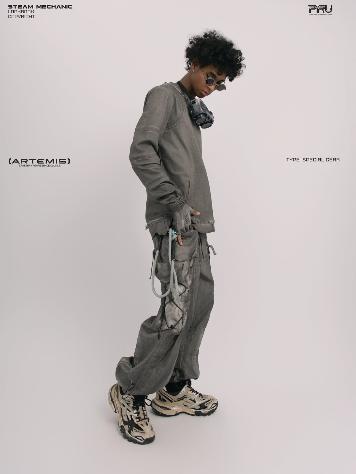 CHAOS ERA moon dust gray raw-edge long-sleeve top — opposite side full-length modeled view looking down