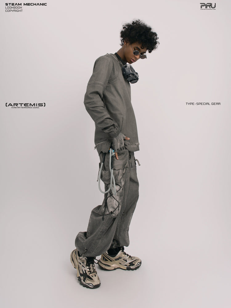 CHAOS ERA moon dust gray raw-edge long-sleeve top — opposite side full-length modeled view looking down