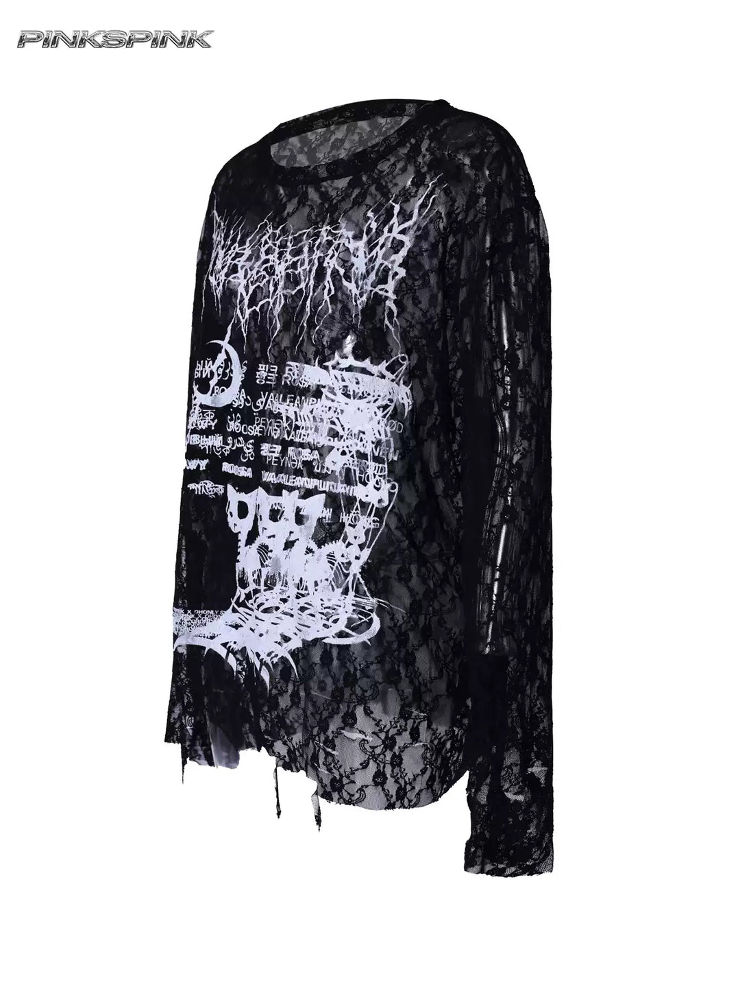 PINKSPINK ELECTRIC MOON thorn-cat distressed lace layering tee — alternate gallery view showing the design details