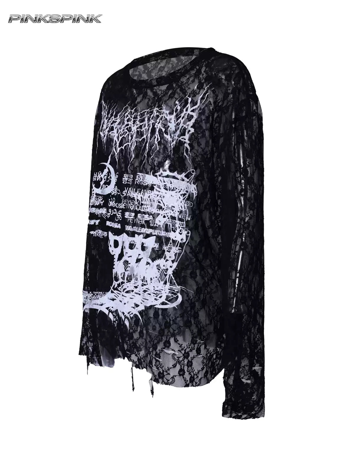 PINKSPINK ELECTRIC MOON thorn-cat distressed lace layering tee — alternate gallery view showing the design details