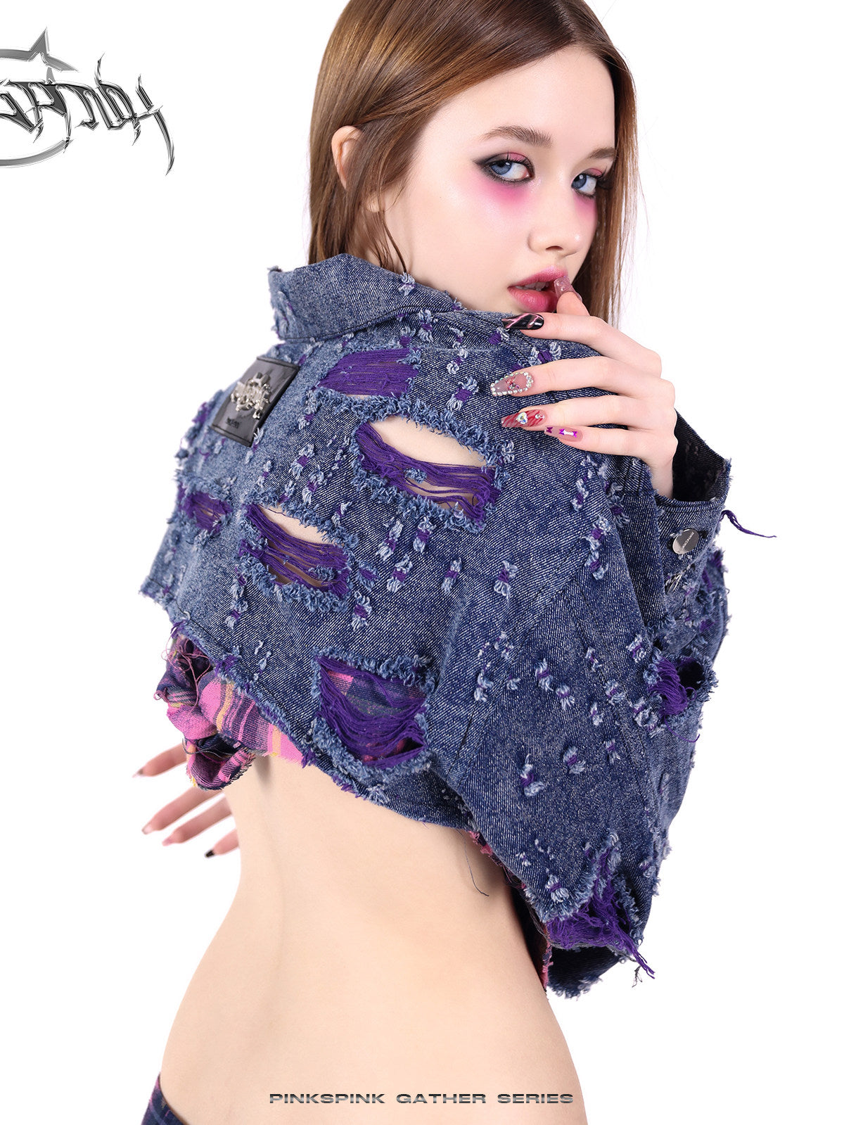 PINKSPINK BROKEN VIOLET distressed denim cropped jacket — product detail view showing texture and hardware