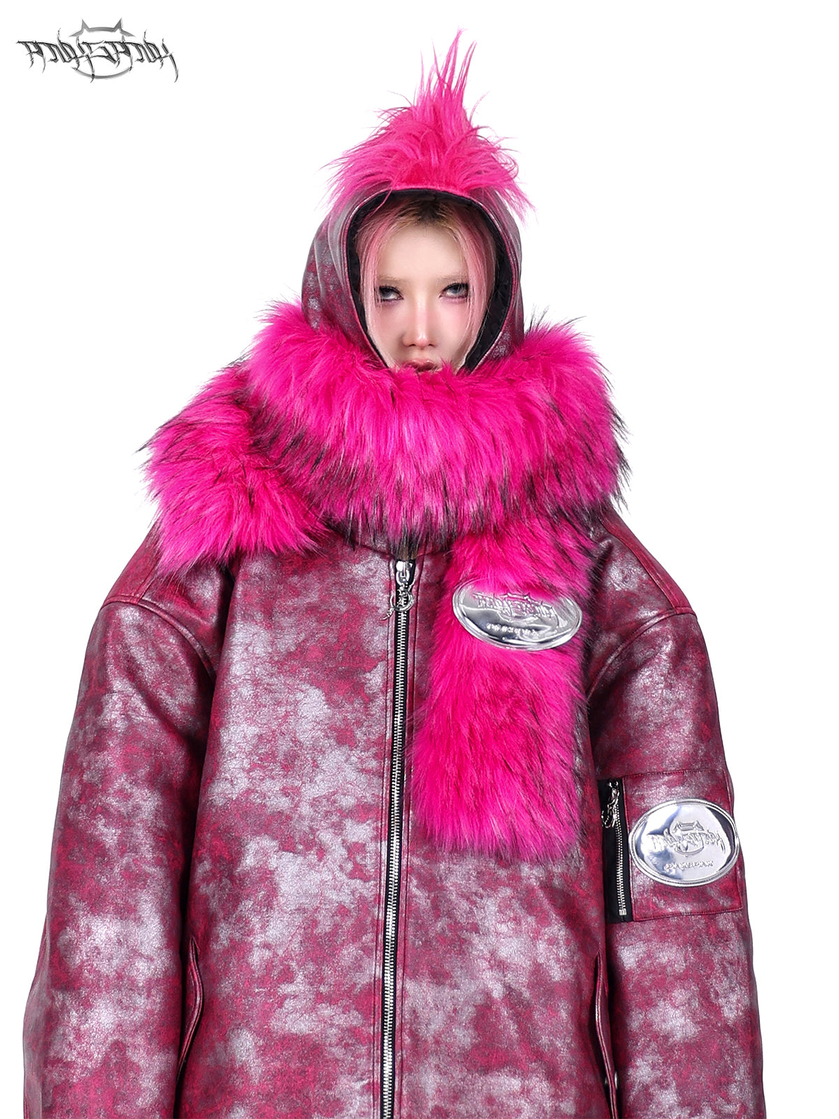 PINKSPINK COCKSCOMB mohawk padded jacket in PINK — close-up of collar and textured shell.