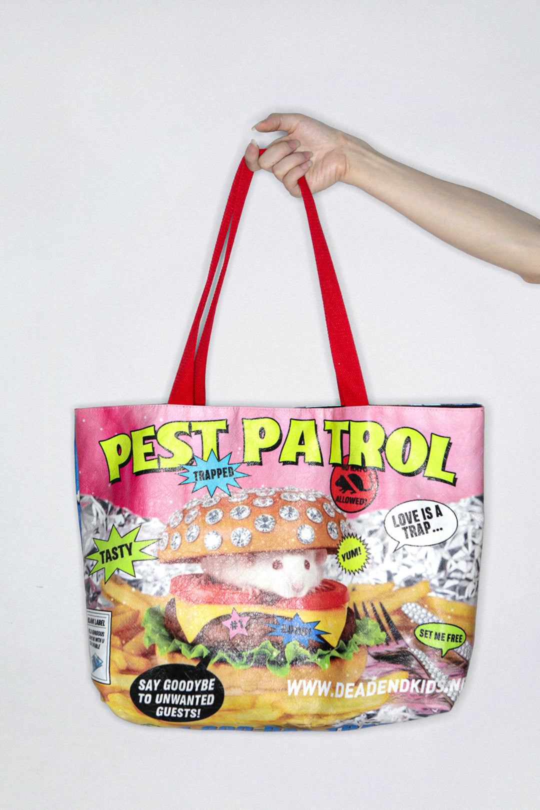 DEADENDKIDS PEST PATROL Tyvek tote bag — construction detail