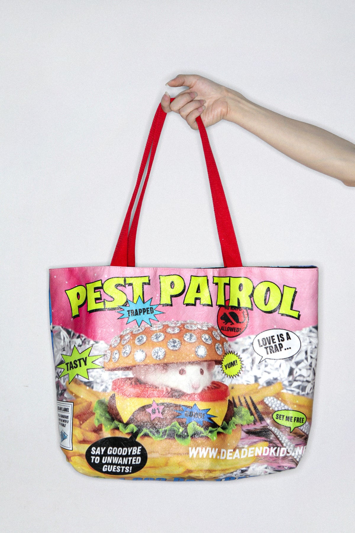 DEADENDKIDS PEST PATROL Tyvek tote bag — construction detail