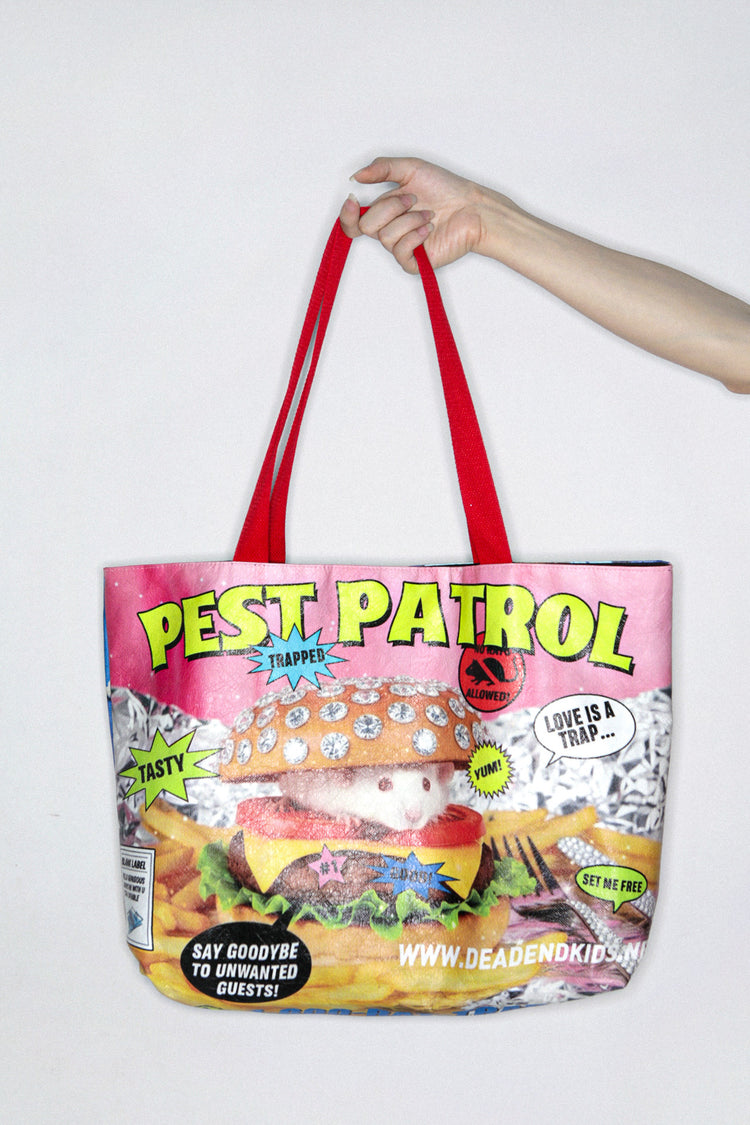 DEADENDKIDS PEST PATROL Tyvek tote bag — construction detail