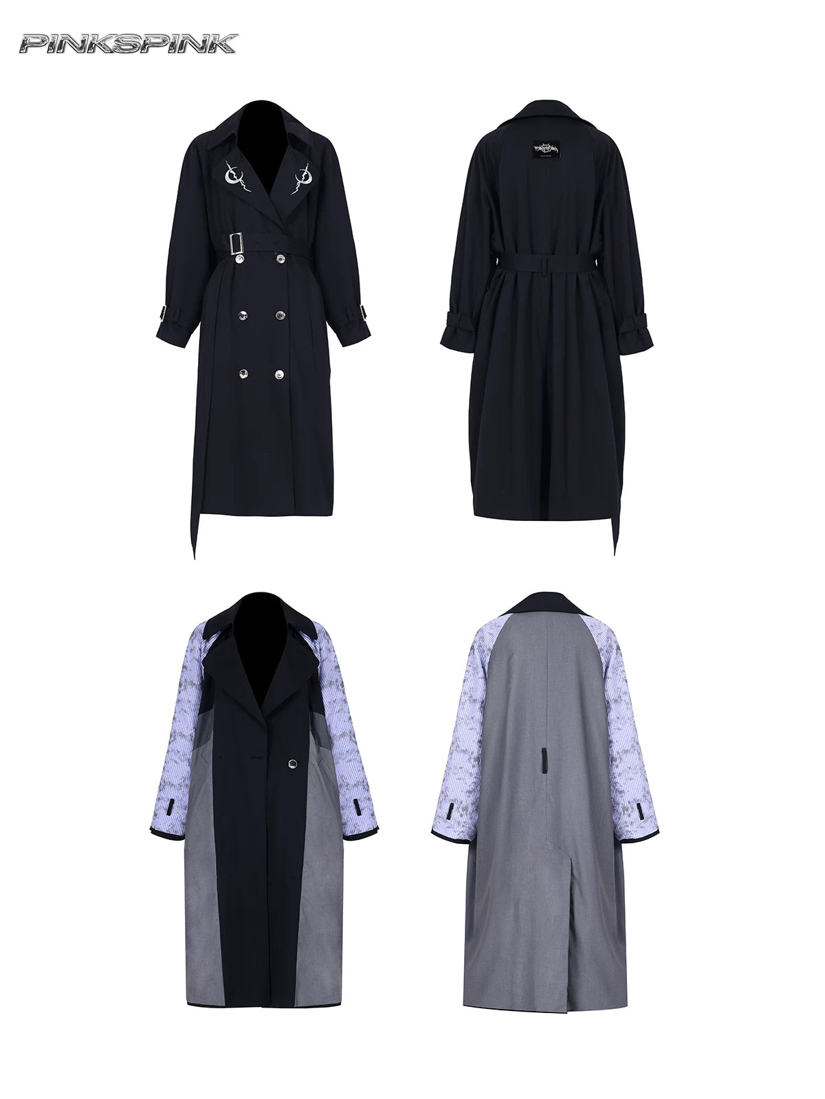 PINKSPINK ELECTRIC MOON reversible patchwork trench coat in black and gray — garment-only front and back comparison of both reversible faces
