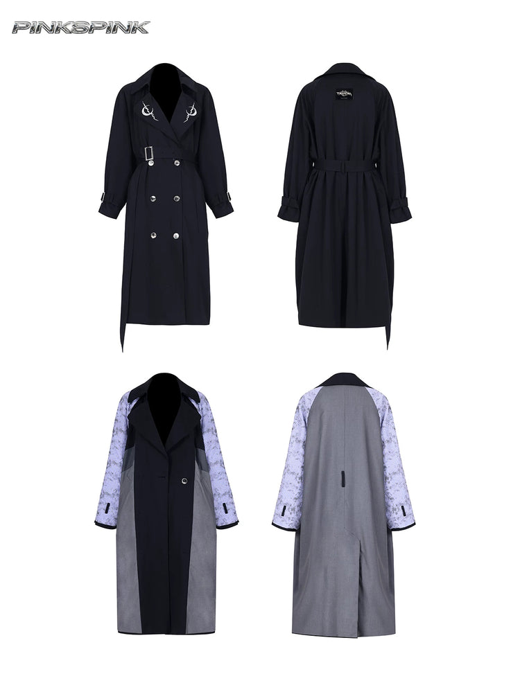 PINKSPINK ELECTRIC MOON reversible patchwork trench coat in black and gray — garment-only front and back comparison of both reversible faces