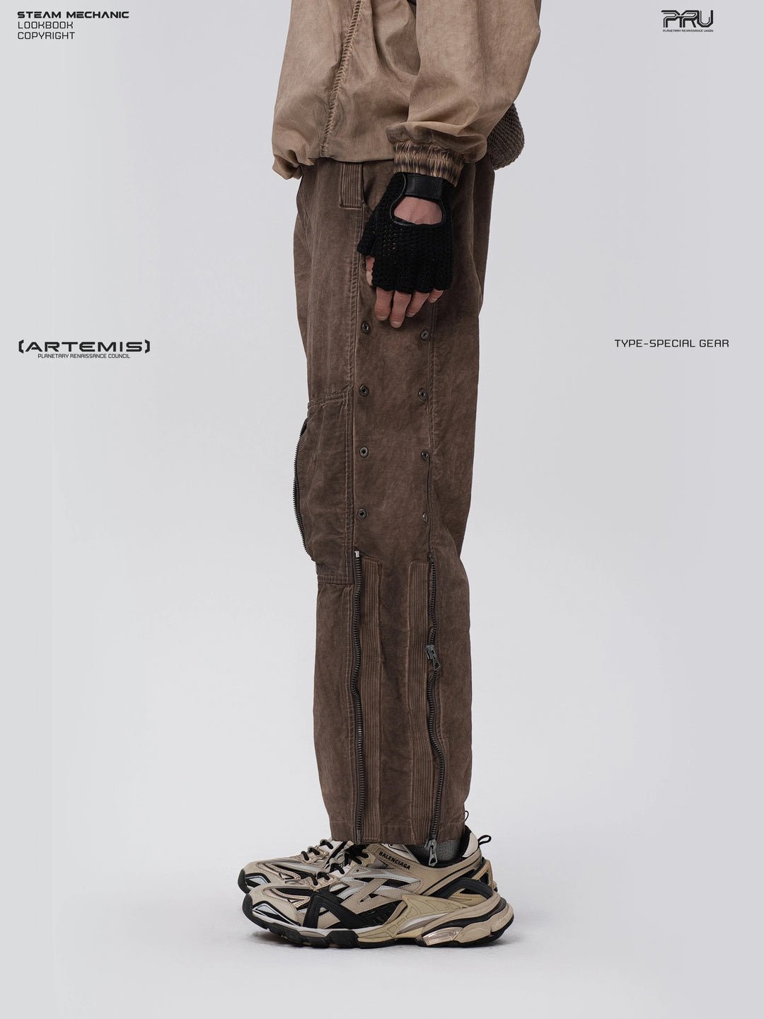 PIONEER ochre brown knee-mesh utility work pants — rear modeled view