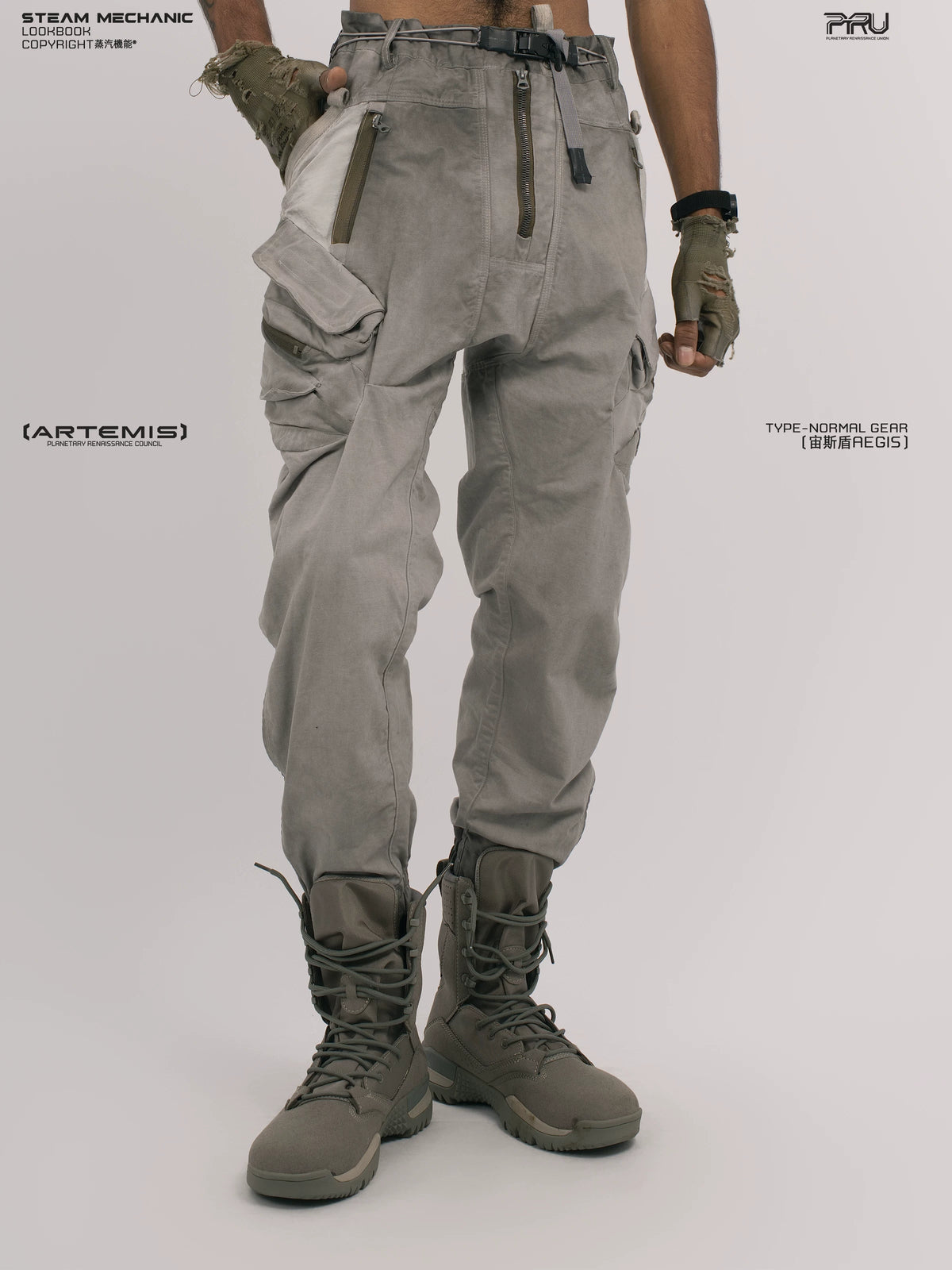 AEGIS lunar sea gray multi-pocket moto pants — alternate modeled angle