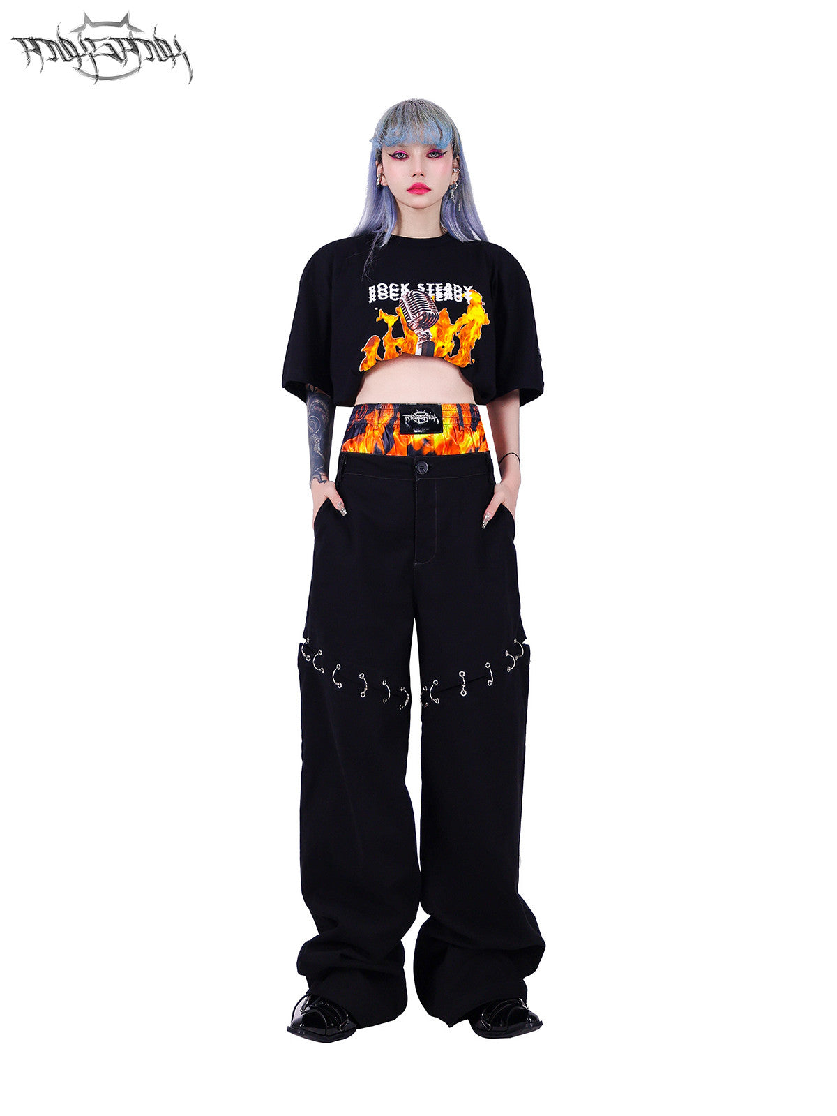 PINKSPINK ELECTRIC MOON double-waist detachable straight-leg pants — product detail view showing texture and hardware