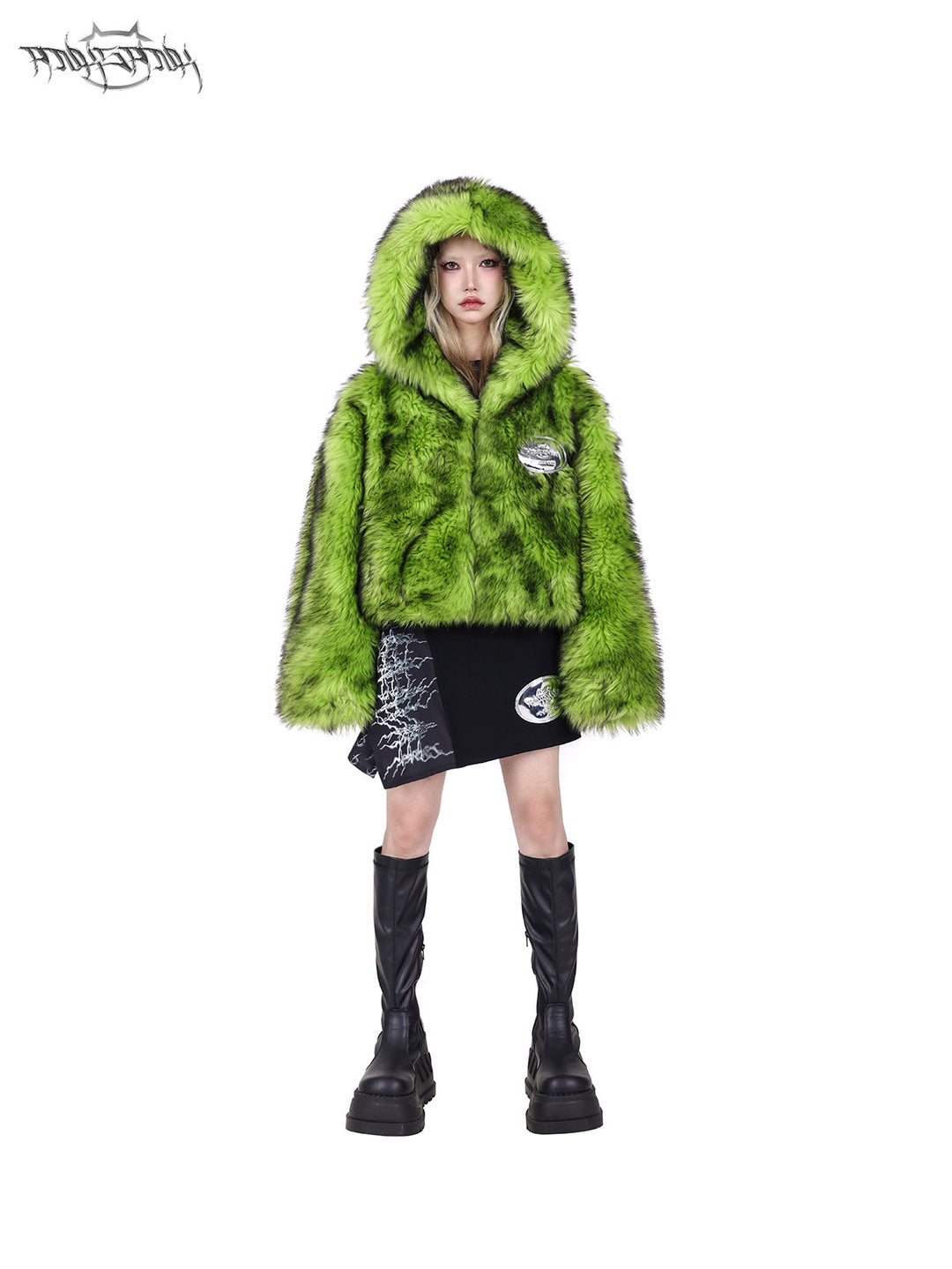PINKSPINK NEON BEAST reversible faux-fur hooded jacket — alternate modeled view showing the silhouette