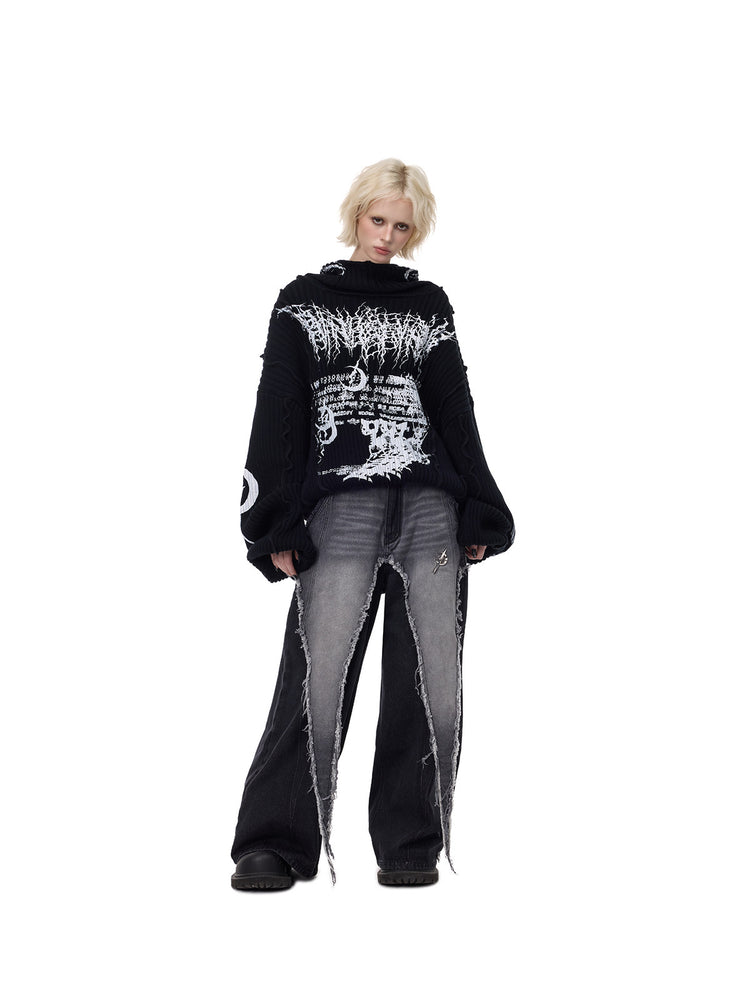 PINKSPINK THORN SIGNAL hooded graphic knit sweater — front full-length styling with hood lowered