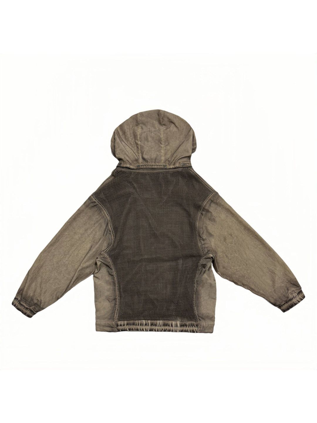 PIONEER detachable-hood mesh hoodie in mercury brown — back garment-only view showing the mesh back