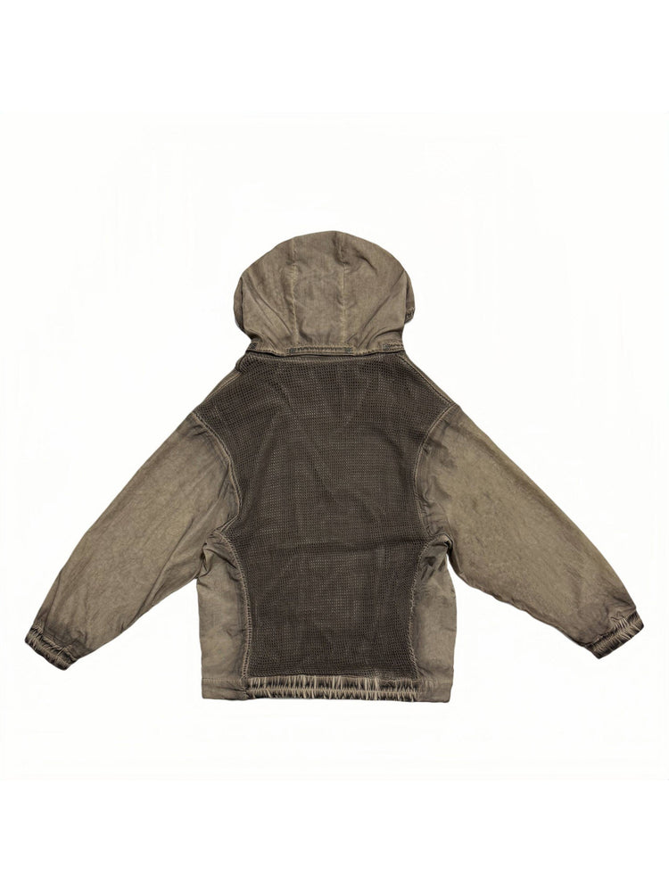 PIONEER detachable-hood mesh hoodie in mercury brown — back garment-only view showing the mesh back