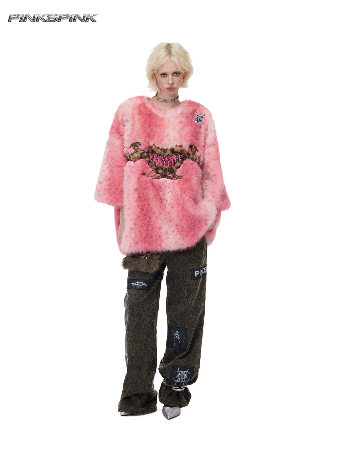 PINKSPINK LEOPARD RIOT detachable-pouch wide-leg pants — front full-length styling with pink top