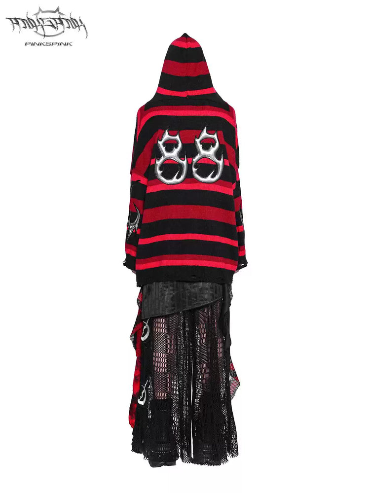 PINKSPINK ELECTRIC MOON striped hooded sweater in BLACK AND RED — full-body rear view with 88 appliqué and hood.