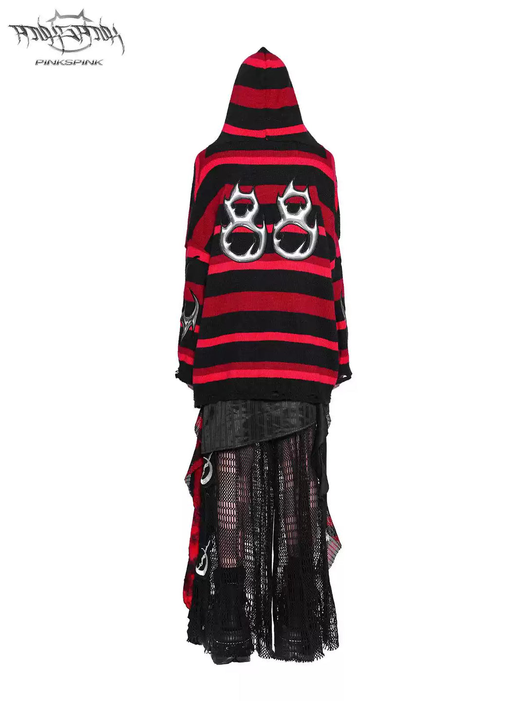 PINKSPINK ELECTRIC MOON striped hooded sweater in BLACK AND RED — full-body rear view with 88 appliqué and hood.
